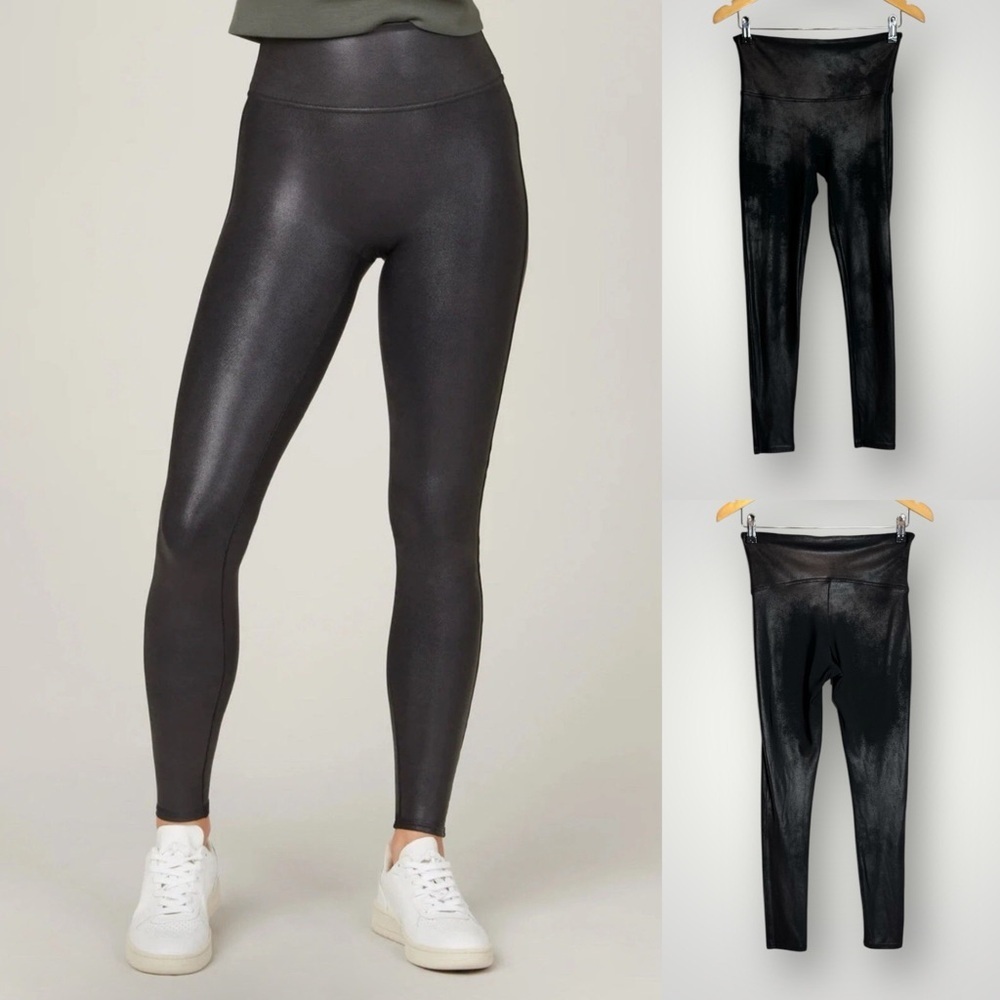 Spanx Faux Leather Leggings Size Large Shaping Waistband Smoothing Black